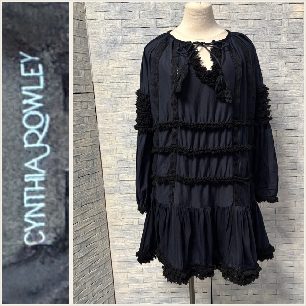 Cynthia Rowley Navy Blue Boho Lace Trim Tiered Mini Dress XS/S